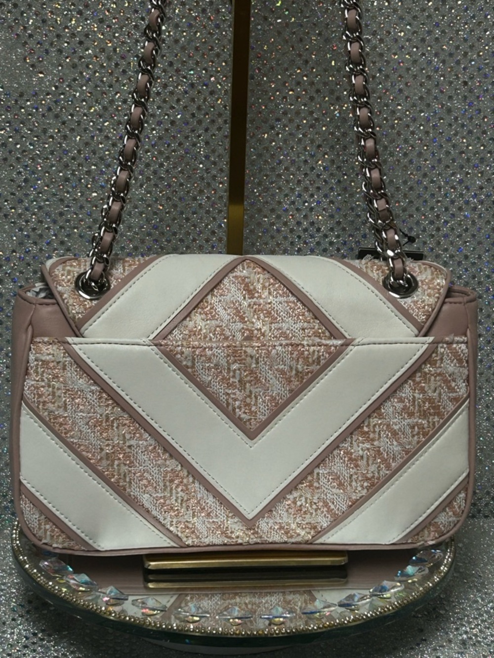 Karl Lagerfeld Blush Pink and White Tweed Chain Shoulder Bag - Picture 2 of 16